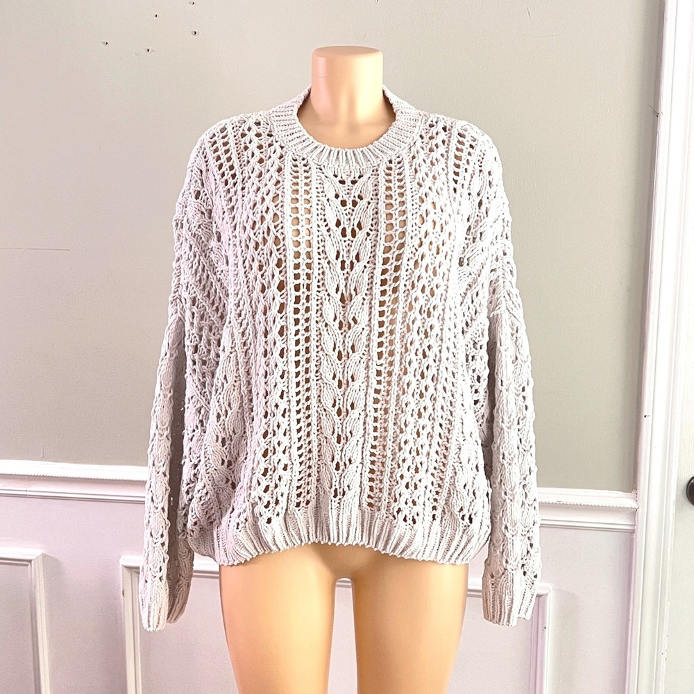 Soft Summer Sweater L Women Open Knit Ivory Coastal Boho Relaxed Layering Shabby